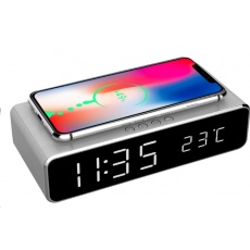 GEMBIRD digitální budík s funkcí bezdrátového nabíjení, silver/stříbrná GEMBIRD digitální budík s funkcí bezdrátového nabíjení, silver/stříbrná