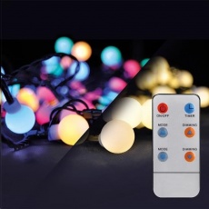 Solight LED 2v1 venkovní vánoční řetěz, koule, dálkový ovladač, 200LED, RGB+bílá, 20m+5m, 8 funkcí, IP44 Solight LED 2v1 venkovní vánoční řetěz, koule, dálkový ovladač, 200LED, RGB+bílá, 20m+5m, 8 funkcí, IP44