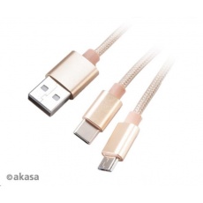 AKASA kabel 2v1 USB Type-A na Micro-B a USB Type-C, 120cm, zlatý AKASA kabel 2v1 USB Type-A na Micro-B a USB Type-C, 120cm, zlatý