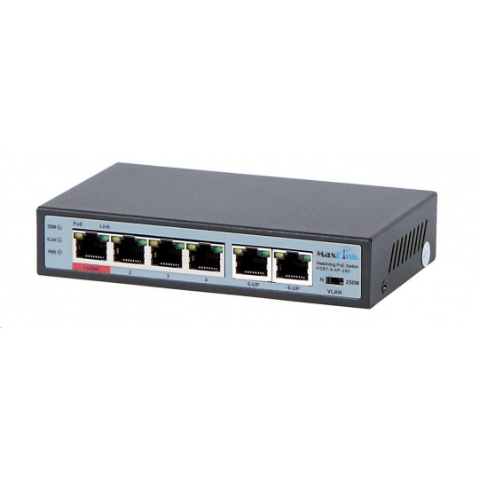 MaxLink PoE switch PSBT-6-4P-250 (náhrada za PSAT-6-4P-250), 6x LAN/4x PoE 250m, 802.3af/at/bt