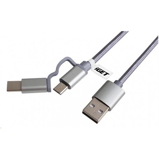 iGET G2V1 USB kabel 2v1, 1m, stříbrný, microUSB i USB-C, prodloužené koncovky