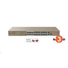Tenda TEF1126P-24-410W - PoE AT Switch 370Watt, 24xRJ45 10/100 Mbps PoE, 2x Gigabit Uplink RJ45/SFP, Fanless, Kov Tenda TEF1126P-24-410W - PoE AT Switch 370Watt, 24xRJ45 10/100 Mbps PoE, 2x Gigabit Uplink RJ45/SFP, Fanless, Kov