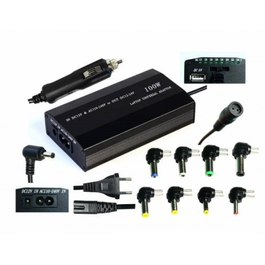 EUROCASE univerzální napájecí adaptér 100W, AC 110-240V/CAR DC 12V, DC 12- 20, 9 koncovek