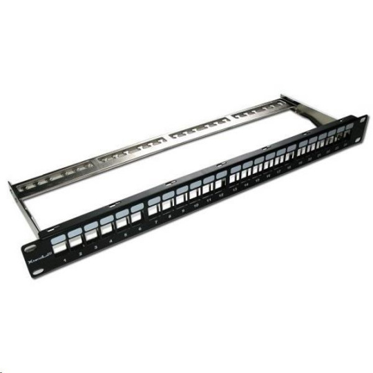 XtendLan Patch panel 19", 24 portů, neosazený, stíněný, černý, Cat5e/6/6A/7, odnimatelný vyvazovák XtendLan Patch panel 19", 24 portů, neosazený, stíněný, černý, Cat5e/6/6A/7, odnimatelný vyvazovák