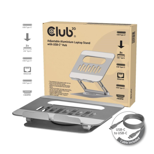 Club3D Nastavitelný hliníkový stojan pro notebook s USB-C hubem na 2xUSB, 1xHDMI, 2xUSB-C, 1xRJ45, 360°, 100W, 4K60Hz Club3D Nastavitelný hliníkový stojan pro notebook s USB-C hubem na 2xUSB, 1xHDMI, 2xUSB-C, 1xRJ45, 360°, 100W, 4K60Hz