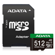 ADATA MicroSDXC karta 512GB Speed Plus, U3, C10, A2, V30 (R:180/W:160 MB/s) + SD adaptér ADATA MicroSDXC karta 512GB Speed Plus, U3, C10, A2, V30 (R:180/W:160 MB/s) + SD adaptér