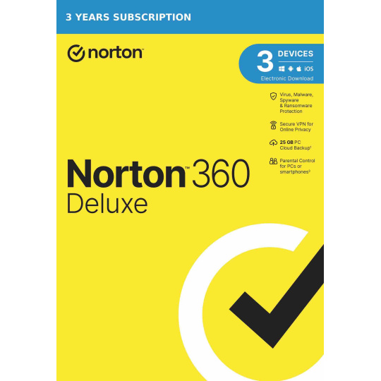 NORTON 360 DELUXE 25GB +VPN 1 uživatel pro 3 zařízení na 3 roky ESD