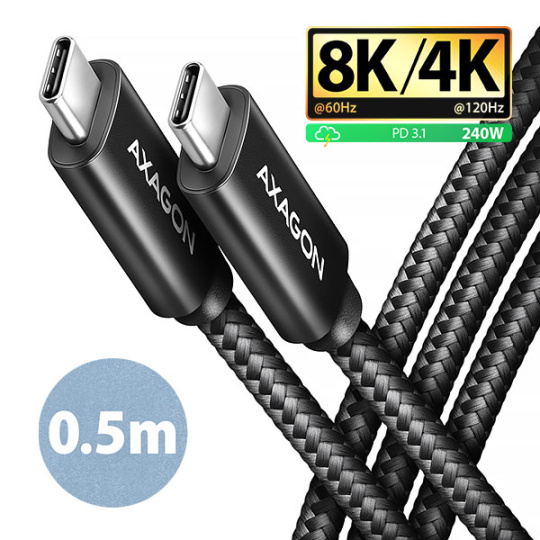 AXAGON BUCM4X-CM05AB NewGEN+ kabel USB-C <-> USB-C, 0.5m, USB4 Gen 3×2, PD 240W 5A, 8K HD, ALU, oplet, černý AXAGON BUCM4X-CM05AB NewGEN+ kabel USB-C <-> USB-C, 0.5m, USB4 Gen 3×2, PD 240W 5A, 8K HD, ALU, oplet, černý