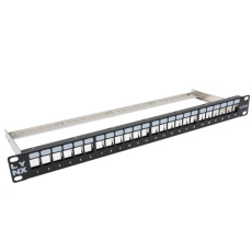 LYNX Patch panel, 19'', 24 portů, 1U, Cat5e/6/6A/7, neosazený, stíněný, vyvazovák, černý LYNX Patch panel, 19'', 24 portů, 1U, Cat5e/6/6A/7, neosazený, stíněný, vyvazovák, černý