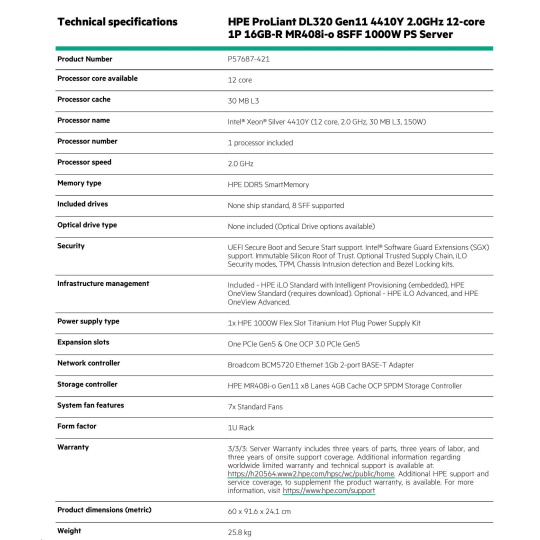 HPE PL DL320g11 4410Y (2.0/12C) 16G (p43322) MR408i-o 8SFF BC U3 1000Wti 2x1Gb 1U EIR