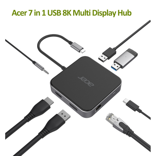 ACER  7in1 USB4 8K Multi Display hub: 1 x HDMI + 1 DP + 2 x USB3.2 + 1 x USB C + 1 x RJ45 + 1 x 3.5mm audio port