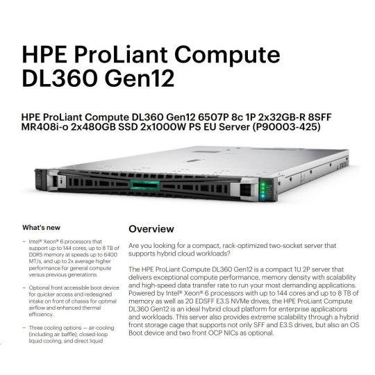 HPE PL DL360g12 6507P (3.5/8C) 2x32G (P69727) 2x480G MR408i-o 8SFF 2x1000W 2p10G-T NBD333 Smart Choice HPE PL DL360g12 6507P (3.5/8C) 2x32G (P69727) 2x480G MR408i-o 8SFF 2x1000W 2p10G-T NBD333 Smart Choice
