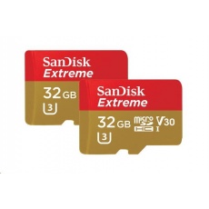 SanDisk MicroSDHC karta 32GB Extreme (100MB/s, A1 C10 V30 UHS-I U3, pro akční kamery) + adaptér, Twin Pack SanDisk MicroSDHC karta 32GB Extreme (100MB/s, A1 C10 V30 UHS-I U3, pro akční kamery) + adaptér, Twin Pack