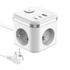 Viking síťový adaptér YC33, 3x 230 V, 1x USB-A, 2x USB-C, tlačítko ON/OFF, délka 1,4 m, bílá Viking síťový adaptér YC33, 3x 230 V, 1x USB-A, 2x USB-C, tlačítko ON/OFF, délka 1,4 m, bílá