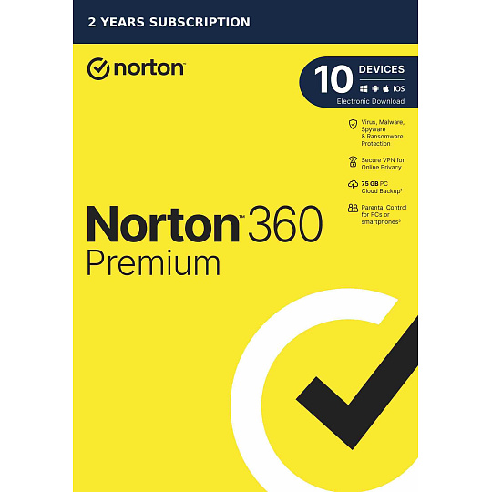 NORTON 360 PREMIUM 75GB +VPN 1 uživatel pro 10 zařízení na 2 roky ESD 1+1 (50%)