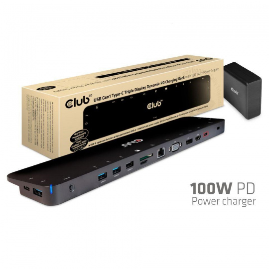 Club3D dokovací stanice USB-C 3.2 s napájecím adaptérem Triple Display Dynamic PD, 100 W