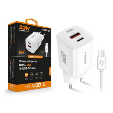 ALIGATOR chytrá síťová nabíječka GaN, PD 33W, USB-A + USB-C, kabel USB-C/USB-C, bílá ALIGATOR chytrá síťová nabíječka GaN, PD 33W, USB-A + USB-C, kabel USB-C/USB-C, bílá