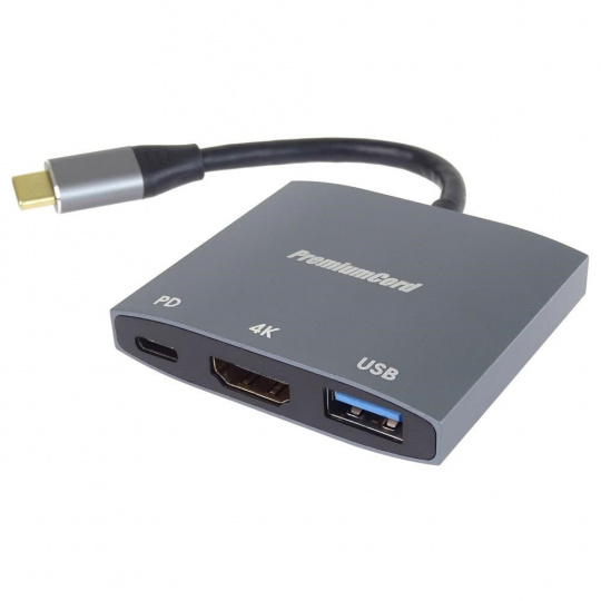 PremiumCord adaptér USB-C na HDMI, USB3.0,  PD, rozlišení 4K a FULL HD 1080p