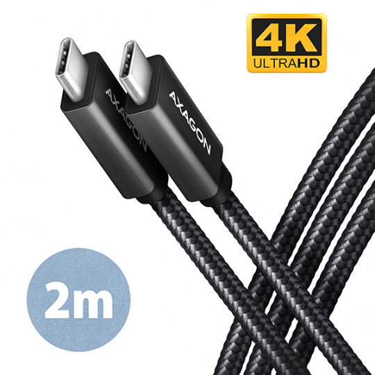 AXAGON BUCM32-CM20AB, SPEED+ kabel USB-C <-> USB-C, 2m, USB 3.2 Gen 2, PD 100W 5A, 4k HD, ALU, oplet, černý