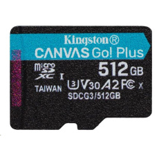 Kingston MicroSDXC karta 512GB Canvas Go! Plus, R:170/W:90MB/s, Class 10, UHS-I, U3, V30, A2 Kingston MicroSDXC karta 512GB Canvas Go! Plus, R:170/W:90MB/s, Class 10, UHS-I, U3, V30, A2