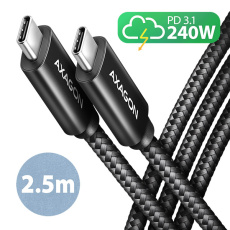 AXAGON BUCM2-CM25AB, CHARGE kabel USB-C <-> USB-C, 2.5m, Hi-Speed USB, PD 240W 5A, ALU, oplet, černý AXAGON BUCM2-CM25AB, CHARGE kabel USB-C <-> USB-C, 2.5m, Hi-Speed USB, PD 240W 5A, ALU, oplet, černý