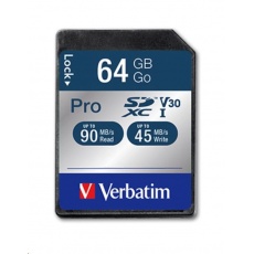 VERBATIM SDXC karta 64GB Pro, U3, V30 (R:90/W:45 MB/s)