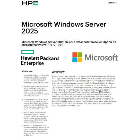 HPE Windows Server 2025 16-core Datacenter Reseller Option Kit (CZ EN Russia Pol Swe) HPE Windows Server 2025 16-core Datacenter Reseller Option Kit (CZ EN Russia Pol Swe)